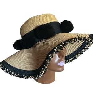 Betsey Johnson Valencia Wheat Straw Beach Hat With Black Pompoms